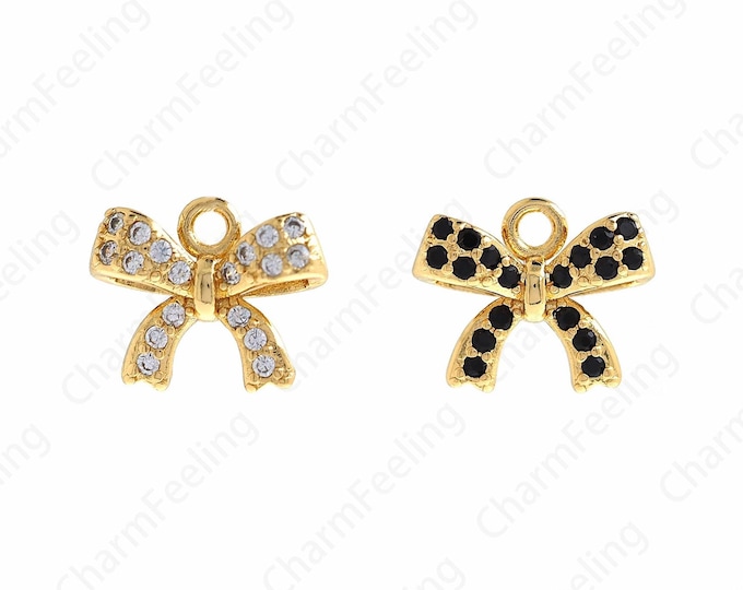 18K Gold Filled Bow Charm, Gold Bow Necklace, Bow Pendant, Micropavé CZ Knot Charm, DIY Jewelry Supplies, 14x11x5mm