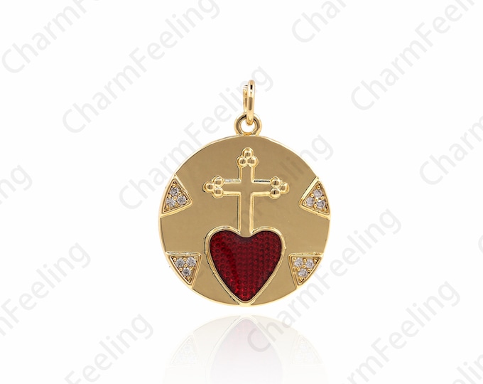 18K Gold Filled Cross Pendant, Heart Pendant, Heart Charm, Religious Charm, DIY Jewelry Making Accessories 25x19x1.8mm 1pcs