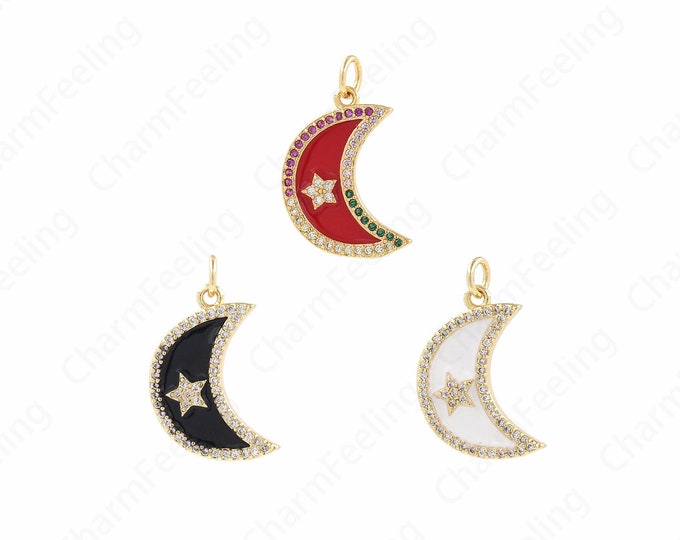 18K Filled Gold Moon Star Pendant,Enamel Moon Charm,Crescent Pendant, Celestial Charm,DIY Jewelry Supplies, 22.5x14x2mm