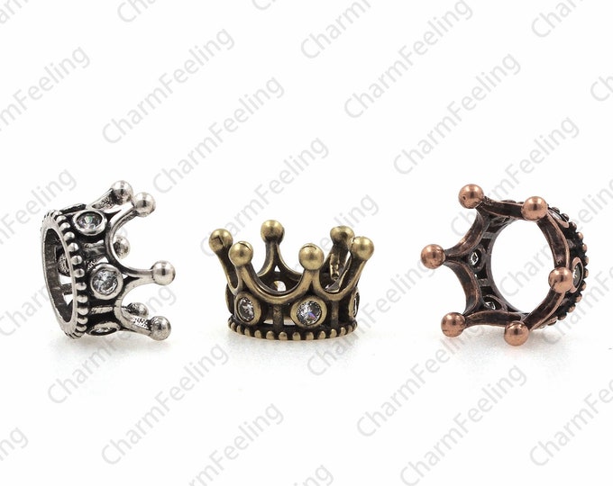 CZ micro pavé crown beads, antique bronze hollow crown, DIY bracelet necklace jewelry beaded accessories 7.5x12.7mm  1pcs