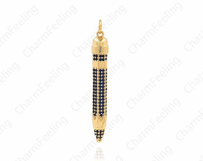 Pencil Pendant, Bar Necklace, 18K Gold Filler Pen Charm, Micropavé CZ Pencil Necklace, DIY Jewelry Supplies, 40x5.9x4.6mm