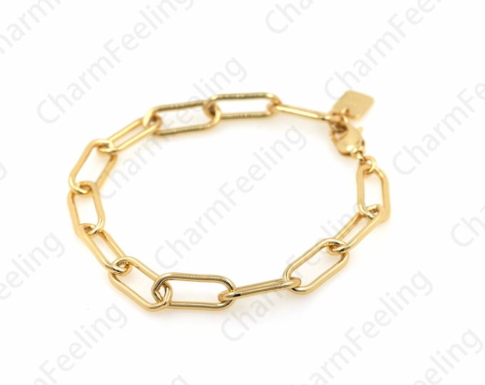 18K Gold Filled Paper Clip Men's Bracelet, Staple Bracelet, Gold Rectangular Bracelet 17cm