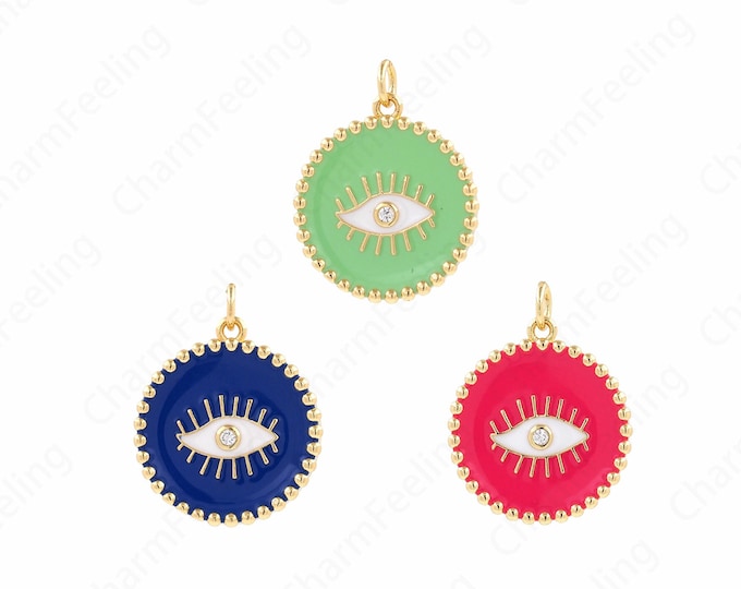 Micropavé CZ Eye Pendant Eye Pendant, 18K Gold Filled Good Luck Pendant Gold Eye Pendant,Round Eye Necklace, 25x19.5x3mm