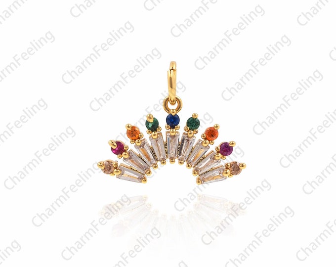Rainbow CZ Fan Shaped Pendant，Gold Bracelet Charm，Rainbow Charm 13.4x16.5x2.3mm 1pcs