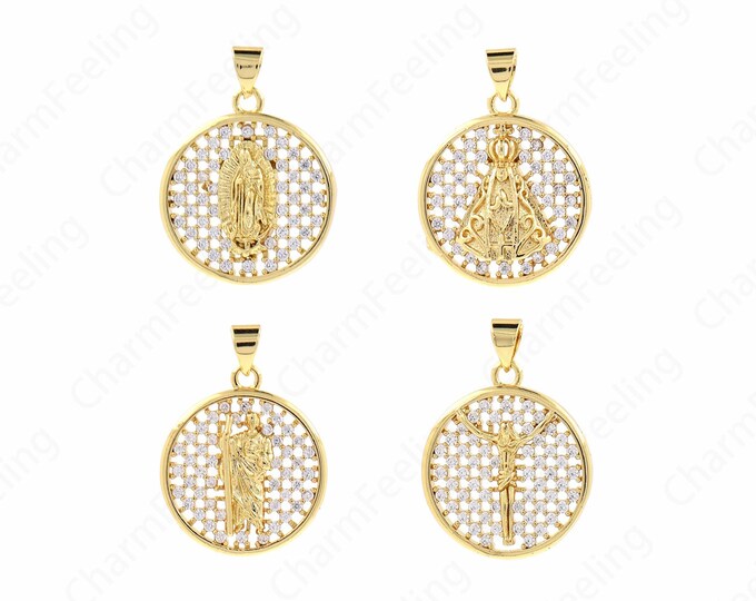 Round Pendant, 18K Gold Filled Religious Charms, Micro Pave CZ Jude Charms, Madonna Charms, Pope Charms, Jesus Charms, DIY Jewelry Supplies