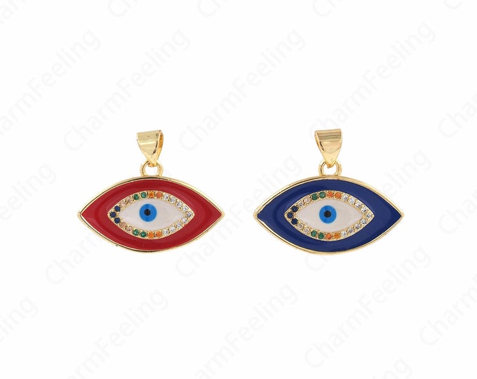18K Gold Filled Enamel Eye Necklace, Micropavé CZ Magic Eye Pendant, Enamel Pendant, DIY Jewelry Accessories, 19x23.5x2mm
