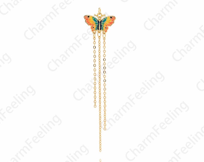 Micropavé CZ Butterfly Pendant,Fringe Butterfly Charm,Flying Charm,18K Gold Filled Enamel Butterfly Pendant,DIY Jewelry Supplies,85x18x2.9mm