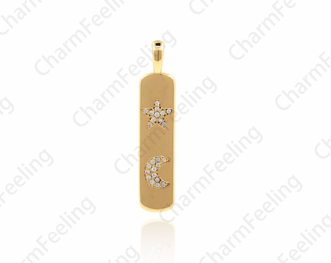 Star And Moon Necklace, Star Pendant, Moon Pendant, Micro-Pave Celestial Jewelry, Oval Charm 36x7.8x1.9mm 1pcs