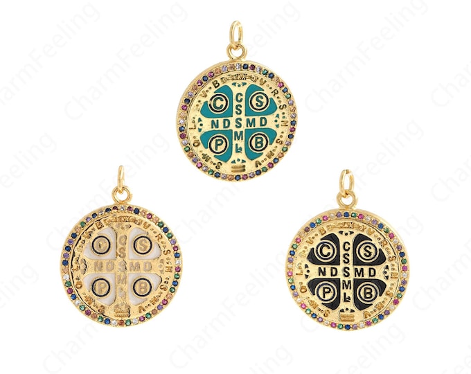 18K Gold Filled Saint Benedict Cross Charm, CSSML Benedictine Gold medal Charm,Micropavé CZ Round Pendant,28x22x2.2mm