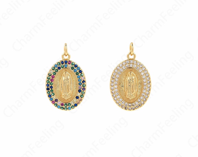 Micropavé Cubic Zirconia Strip Pendant, 18K Gold Filled Virgin Mary Pendant, Virgin Necklace, DIY Jewelry Components 12x16x3mm