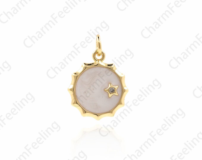 Enamel Round Charm Star Pendant, Glossy Gold-Plated Zirconia Round Star Pendant, Enamel Star Pendant 20.5 ×14.6 ×1.7mm  1pcs