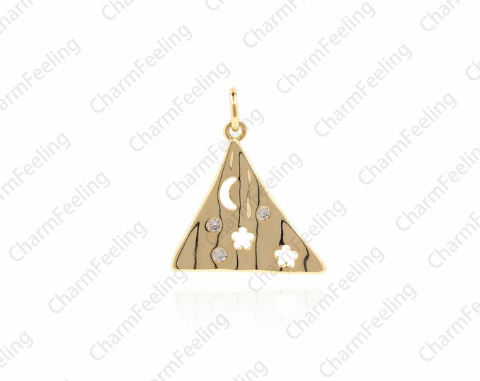 CZ gold triangle pendant, star and moon pendant, starry sky charm, micro-paved triangle ornament  20.7x17.7x1.8mm 1pcs