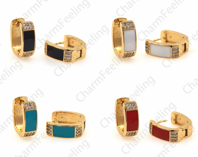 18K Gold Filled Enamel Earrings, Wide Earrings, Micropavé CZ Thick Earrings, Enamel Earrings, Enamel Charm, Cubic Zirconia Earrings 1 pair