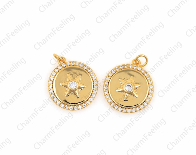 Round North Star Coin Charm,Gold Round Shape Charm,Micro Pave Charms 20×15×3.3mm  1pcs