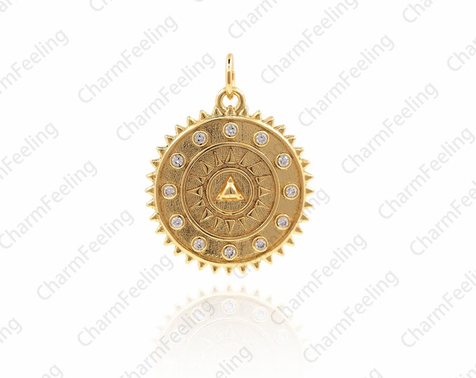 Gold Plated Sun Coin Necklace，Pyramid medallion Charm，CZ Necklace Pendant，wholesale Micro Pave charm，23.5×18×2.2mm  1pcs