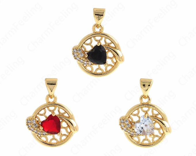 18K Gold Filled Round Pendant, Micropavé CZ Heart Necklace, Love Pendant, CZ Love Necklace, Heart Charm, 21x16x4mm