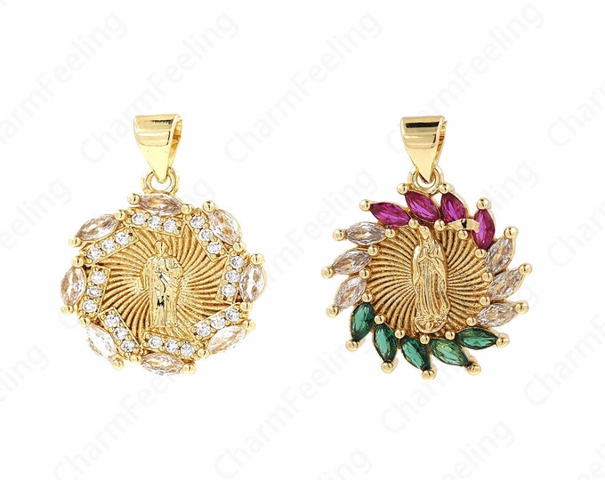 18K Gold Filled Virgin Mary Pendant, Micropavé Cubic Zirconia Strip Pendant, Virgin Necklace, DIY Jewelry Components 24x18x3mm