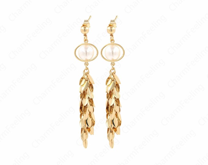 1 Pair,Pearl Earrings,Leaf Earrings, Dainty Earrings,18K Gold Filled Tassel Earrings,Tassel Charm,Boho Earrings,70x14.7x16mm