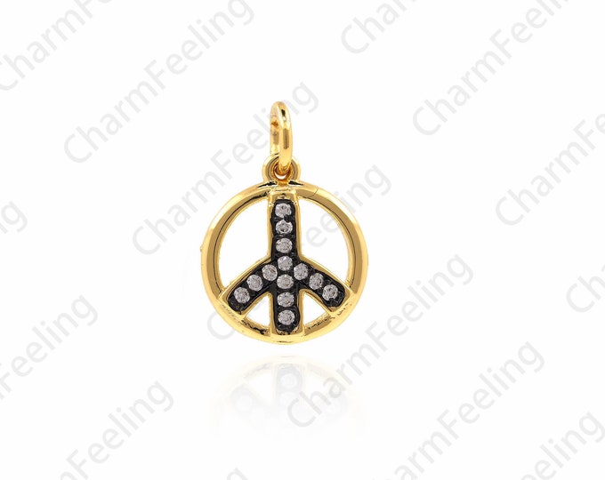 Peace Sign Pendant, Gold Peace Sign Necklace, Micro-Pave Peace Sign Pendant, Peace Sign Charm, CZ Peace Sign 15.9x10.9x1.8mm 1pcs