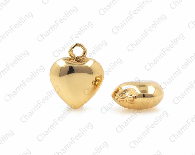 Gold Heart Pendant，Heart Charm，Small Puffy Gold Heart Charm 14.2x11.5x5.6mm 1pcs
