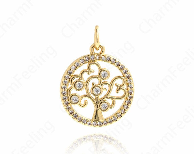 Tree Of Life Charm, Micropavé CZ Plant Charm, 18K Gold Filled Round Pendant, Tree Of Life Necklace,DIY Jewelry Accessories,20.5x15x2mm