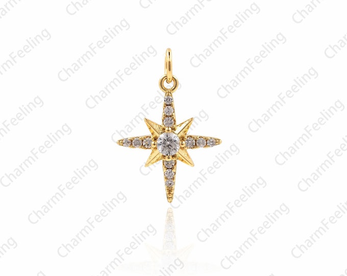 North Star Charms Pendant, CZ North Star, Gold North Star, White Zircon Charms，Starburst CZ Pendant 17.5×12×3.1mm  1pcs