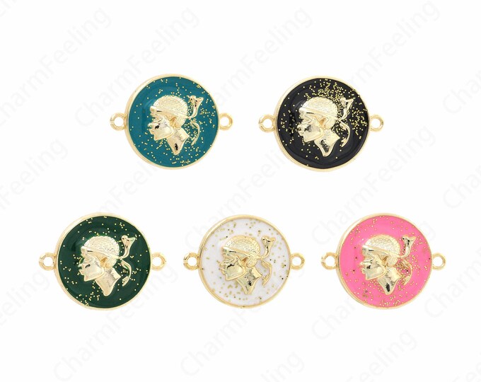 Portrait Connector, 18K Gold Filled Enamel Connector, Circular Connector, Coin Connector, DIY Jewelry Supplies, 17x22x3.3mm