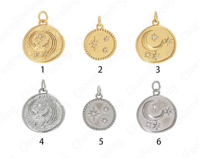 Round Charm, 18K Gold Filled Moon Star Jewelry, Micropavé CZ Crescent Moon Pendant, Star Charm, Moon Charm, DIY Jewelry Supplies