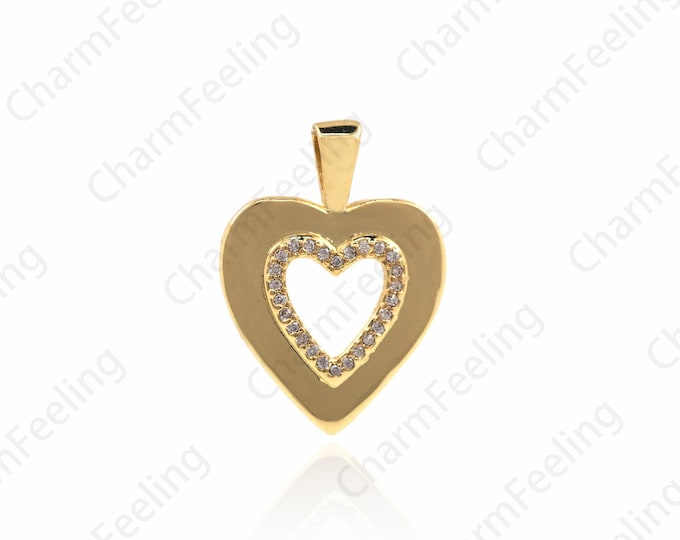 CZ Micro-Pave Hollow Heart Pendant, Gold Filled Heart Charm, Heart Necklace, DIY Jewelry Making Accessories 22x16x2mm 1pcs
