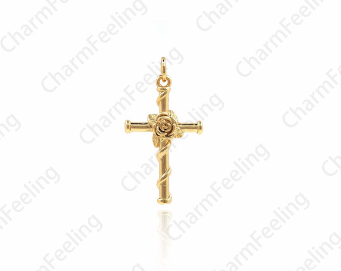 Gold Rose Cross Necklace, Rose Cross Pendant, Micro-Pave Cross, DIY Jewelry Making Accessories 29.3x15.5x3.4mm 1pcs