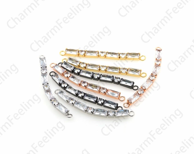 Micropavé CZ Tennis Player Link Head, Rectangular Transparent Classic Connector, 18K Gold Filled Bracelet, Women's Silver Bracelet, 4x55x4mm