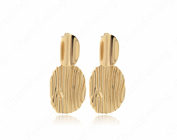 Drop Stud Earrings, 18K Gold Filled Bohemian Stud Earrings, Round Earrings, Thick Gold Earrings, Gift for Her, 52x25x1.5mm