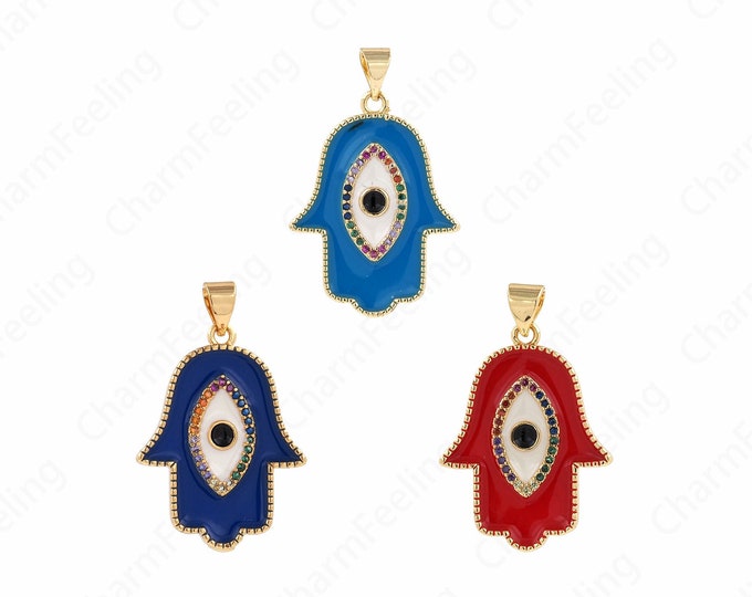 Enamel Eye Necklace,Palm Charm, Micropavé Palm Eye Gold Pendant,Eye Charm, Lucky Eye Pendant, DIY Jewelry Accessories, 32.5x21x2.5mm