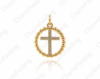 Micro-Pave Cross Pendant, Round Gilded Cross, CZ Cross Jewelry, Religious Charm, DIY Jewelry Making Accessories 21.3x15.7x2mm 1pcs