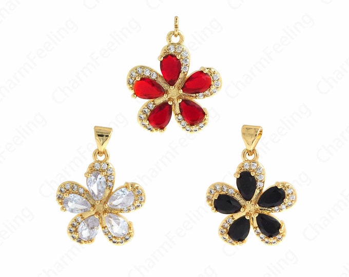 Flower Pendant, 18K Gold Filled Flower Necklace, Plant Charm,Micro Pave CZ Flower Charm, DIY Jewelry Supplies, 24.5x18x3.5mm