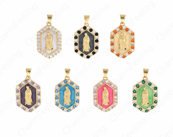 18K Gold Filled Square Pendant, Virgin Mary Necklace,Enamel Square Necklace, Character Pendant, DIY Jewelry Accessories 29.6x16.5x4mm