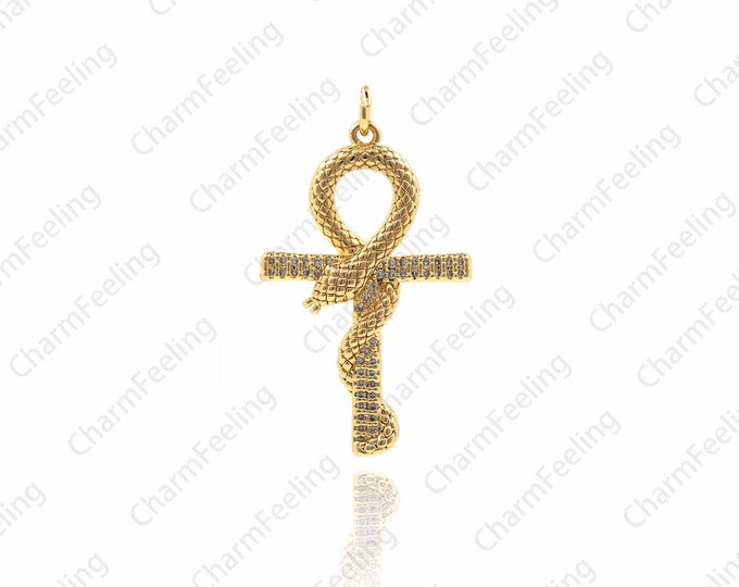 Snake pendant, golden snake charm, CZ snake cross, snake charm necklace pendant beads looking for jewelry supply  37×21×3.5mm  1pcs
