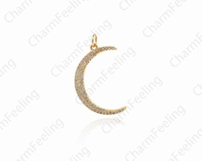 Exquisite Moon Pendant, Gold Moon Necklace, CZ Moon Charm, DIY Jewelry Making Accessories 29.5x16.5x1.7mm 1pcs