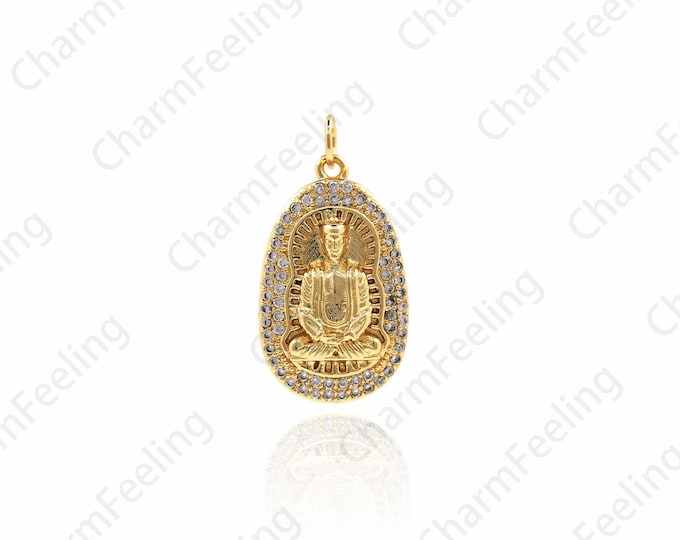 Buddha Pendants，Gold Plated Micro Pave Buddha，Oval Sitting Buddha For Jewerly Making 26.6x13.8x4.3mm 1pcs