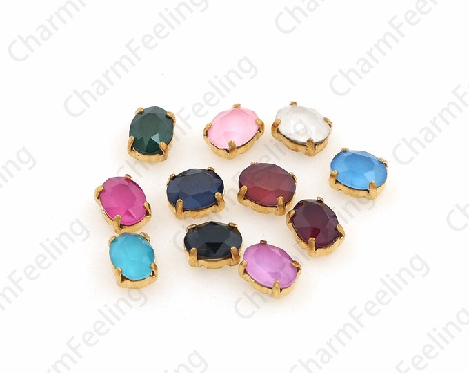 10pcs, Flat Back Crystal, Oval Sewn Crystal, Sewn Rhinestone Crystal Glass Beads With Gold Claws, Rhinestones For Clothing Decoration 6x8mm