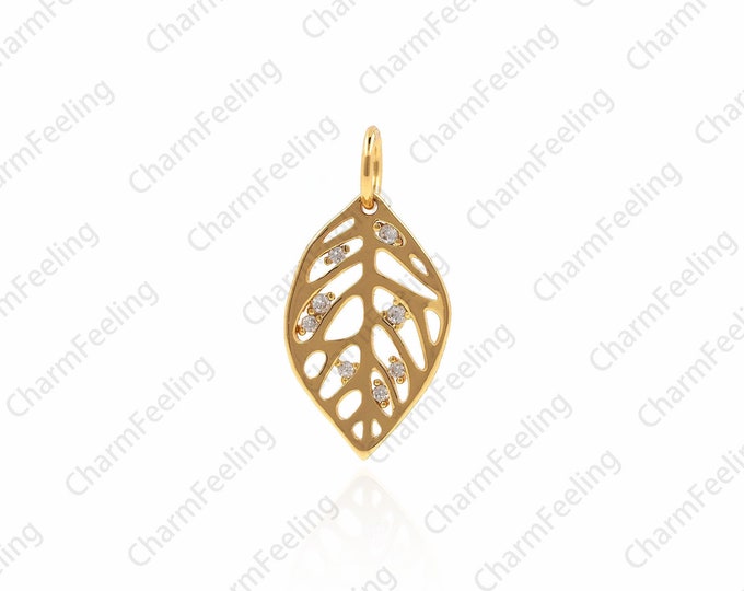 Gold Leaf Charm，leaf pendant，leaf connector，CZ Pave Charms for Jewelry Making 20x10x2mm 1pcs