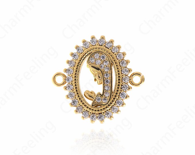 Micropavé CZ Oval Connector, 18K Gold Filled Religious Charm, Madonna Connector, Catholic Connector, DIY Jewelry Supplies, 19.5x20.7x2.2mm