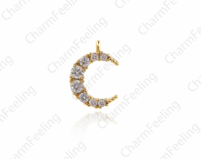 Gold Crescent Pendant, Moon Charm, CZ Micro-Pave Moon Pendant, DIY Jewelry Making Accessories 13x9.5x2.7mm 1pcs
