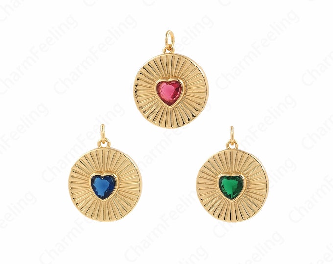 Heart Necklace, Round Charm, Micropavé CZ Round Pendant, 18K Gold Filled Heart Charm, Love Necklace, DIY Jewelry Supplies, 23.5x19x4.5mm