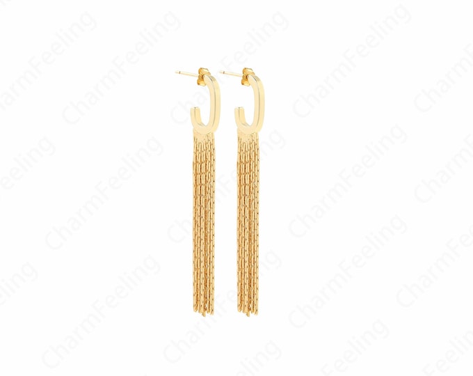 Bar Earrings,Boho Earrings, Tassel Earrings,18K Gold Filled Chain Earrings, Micropavé CZ Fringe Earrings, Drop Earrings,60x10x2mm