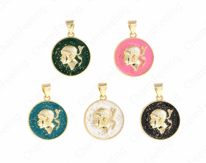 Enamel Gold Coin Necklace,18K Gold Filled Round Coin Pendant, Disc Necklace, Human Face Coin Pendant, DIY Jewelry Components, 24x17x3.3mm