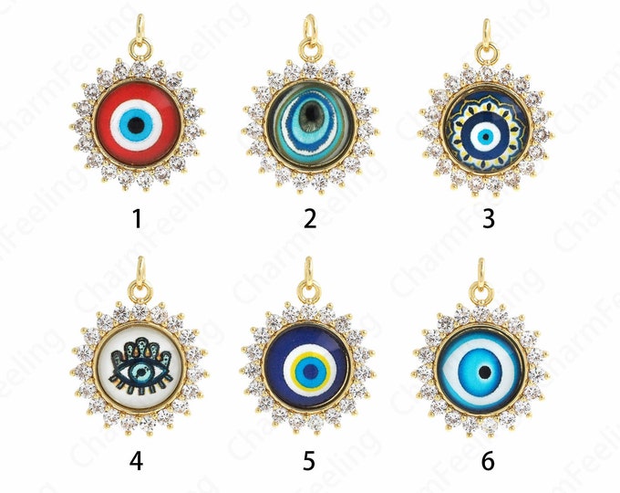 Lucky Eye Necklace, Micropavé CZ Devil's Eye Necklace,Enamel Eye Pendant, 18K Gold Filled Eye Charm, DIY Jewelry Supplies,26x20x4.5mm
