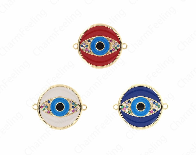 Micropavé CZ Enamel Charm, Eye Connector, 18K Gold Filled Lucky Eye Connector, Devil Eye Charm, DIY Jewelry Accessories, 19.5x23.5x2.5mm