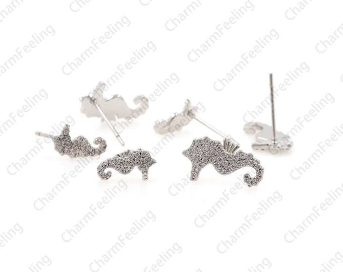 Seahorse stud, seahorse jewelry,Seahorse charm, one large and one small cubic zirconia marine earrings  1 pair