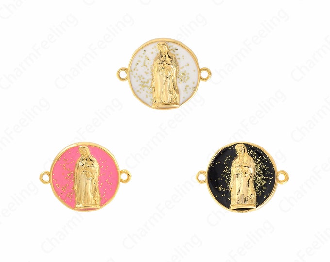Round Coin Connector,Enamel Religious Connector,18K Gold Filled Catholic Charm,Religious Charm,DIY Jewelry Supplies,16.5x22x2.5mm